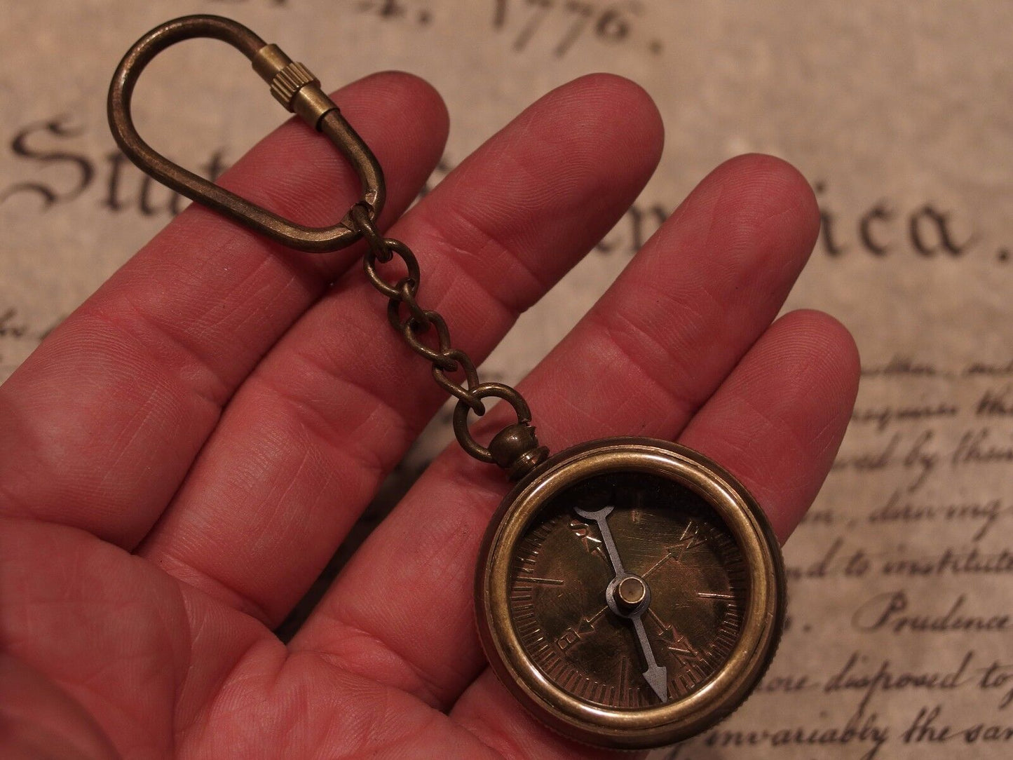 Antique Vintage Style Solid Brass Compass Keychain