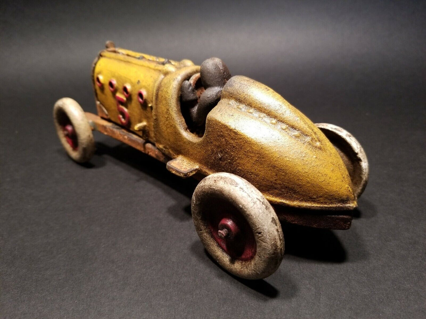 Antique Vintage Style Yellow Cast Iron #5 Toy Race Car w Lifting Hood