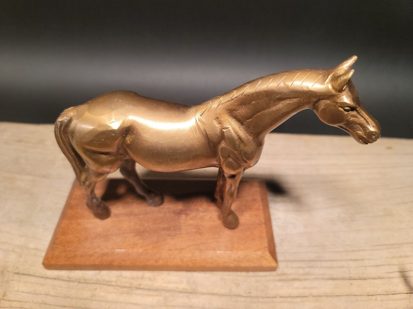 Antique Vintage Style Brass Horse Statue Wood Base