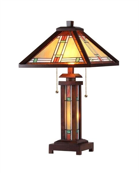 25.6  3 light Antique Vintage Style Stained Glass Wood Mission Table Lamp