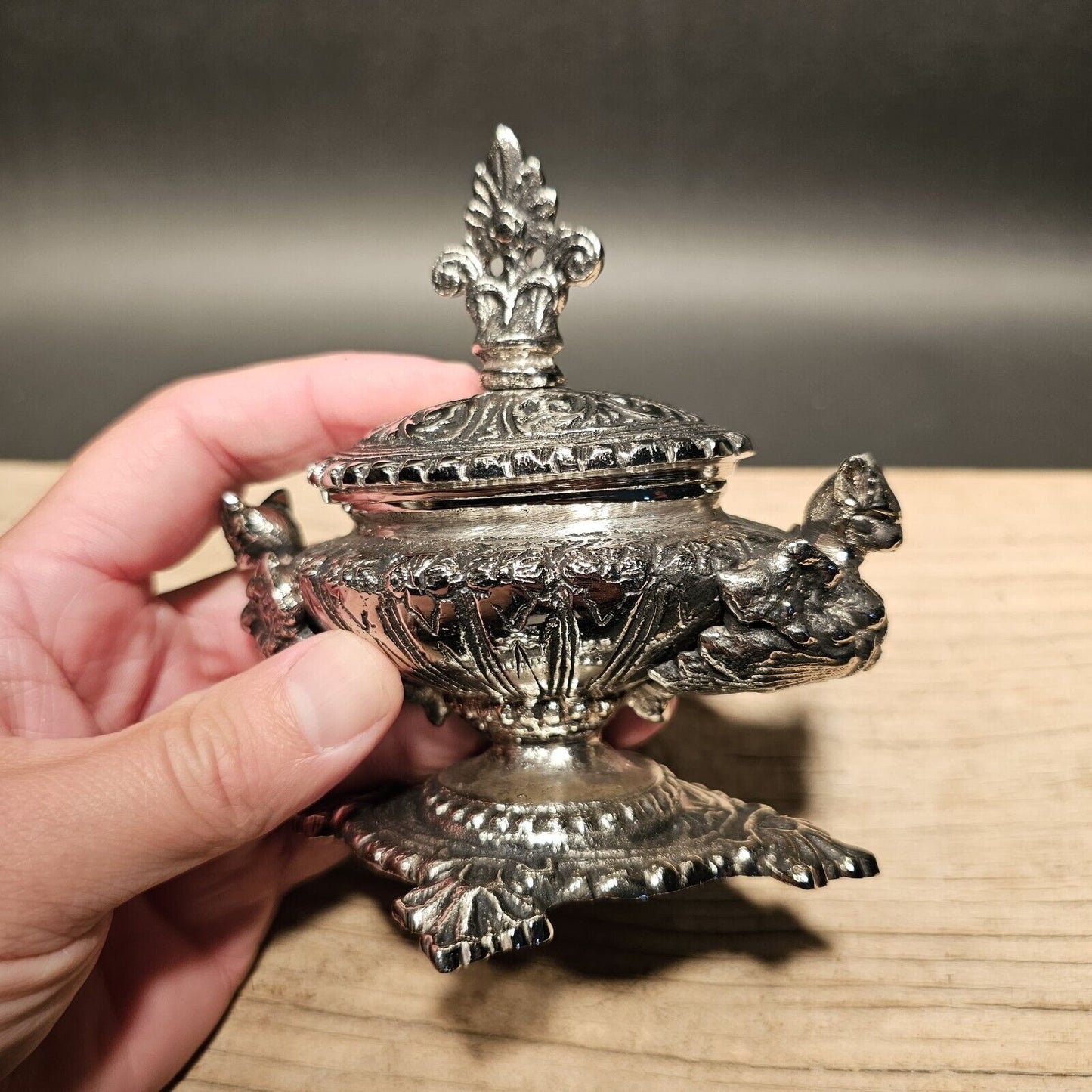 Antique Style Ornate Nickel Plated Brass Inkwell Desk Stand