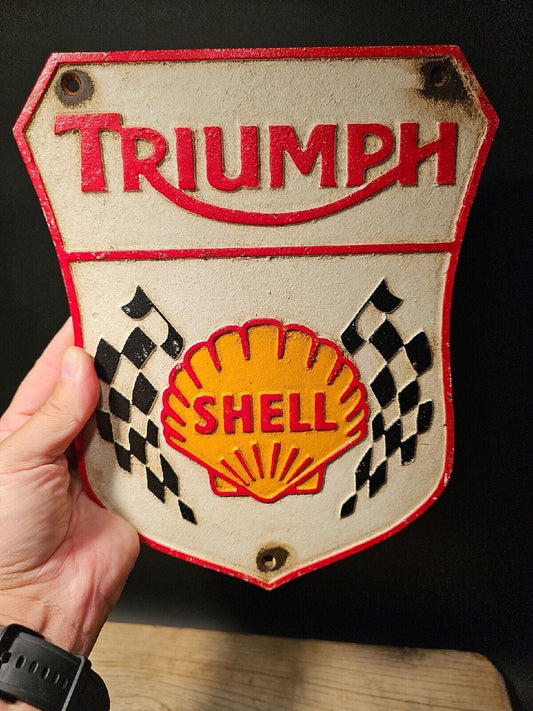 Antique Vintage Style Cast Iron Triumph Shell Gas Oil Sign Plaque