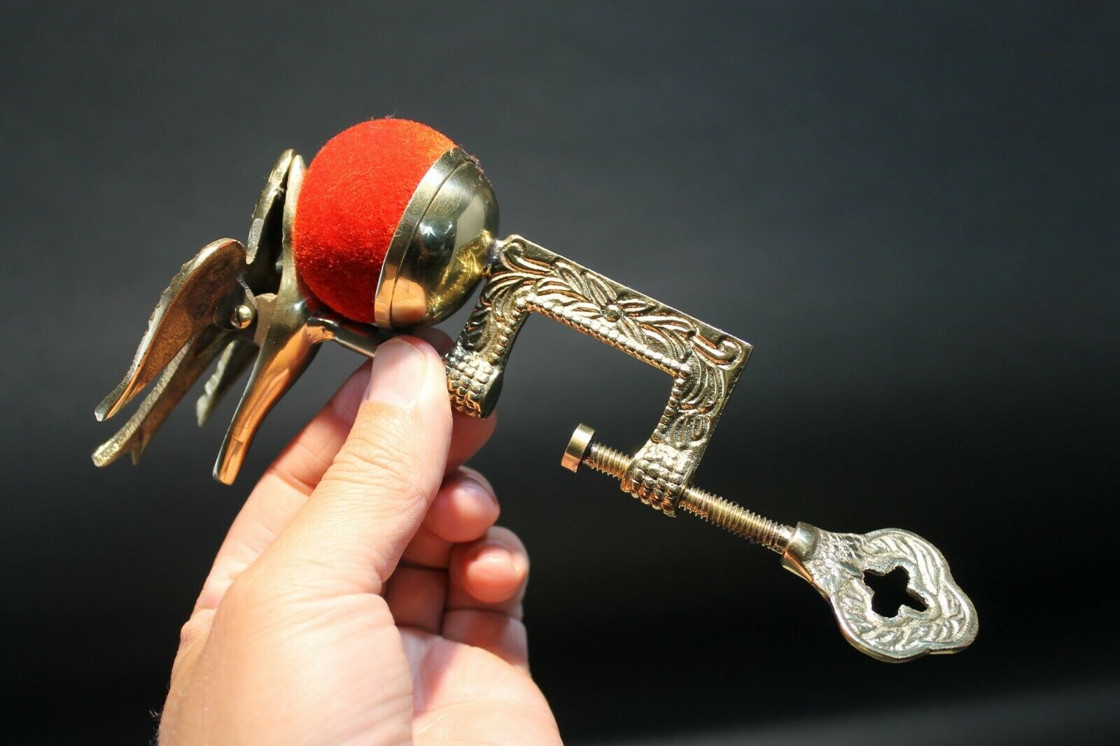 Antique Style Ornate Brass Sewing Clamp Pin Cushion w Bird Clip - Early Home Decor
