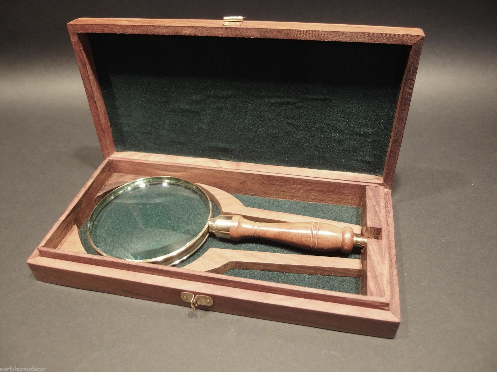 4" 5x Antique Style Magnifying Glass Brass w Wood Turned Hand Lens Desktop Box - Early Home Decor