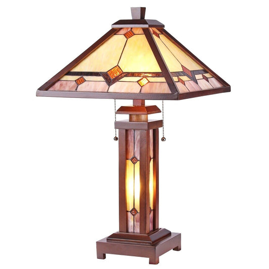 25.6  3 light Stained Glass Wood Mission Table Lamp