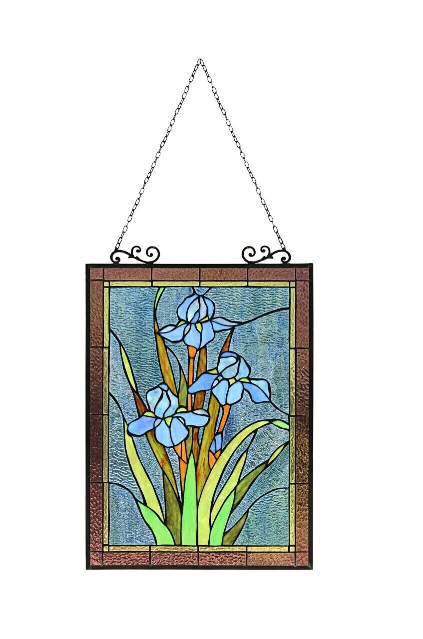 Antique Vintage Style 25" Iris Stained Glass Window Hanging Panel Suncatcher