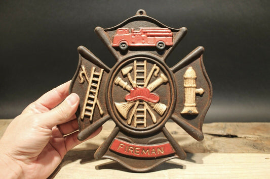 Antique Vintage Style Cast Iron Fire Fighter Plaque Fire Mark Sign - Early Home Decor