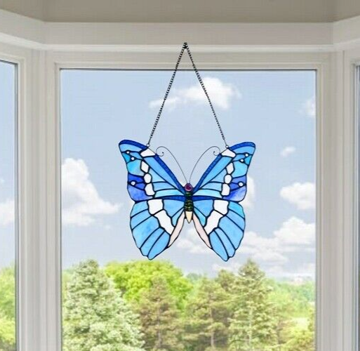 13 1/2" Blue Butterfly Stained Glass Window Hanging Panel Suncatcher