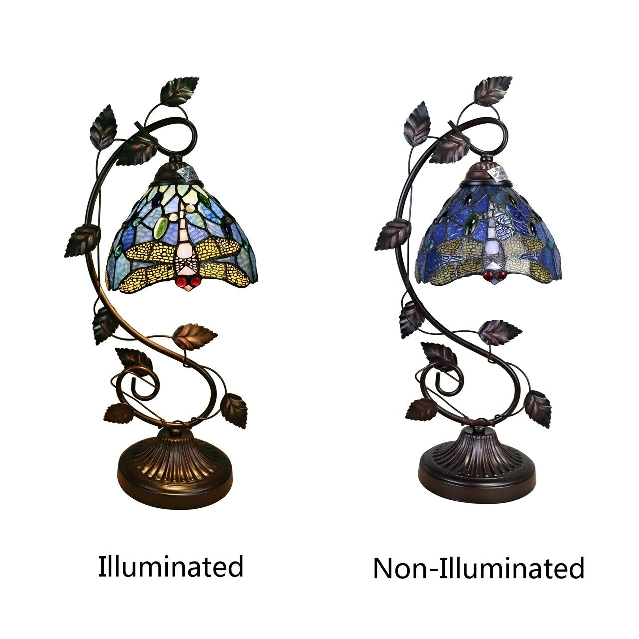 23" Antique Vintage Style Stained Glass Dragonfly Floral Table Lamp