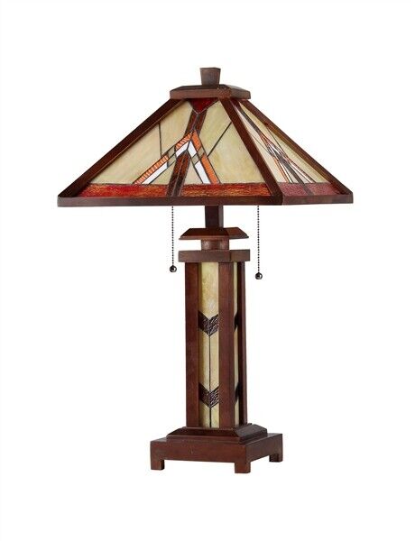 25.6  3 light Antique Vintage Style Stained Glass Wood Mission Table Lamp