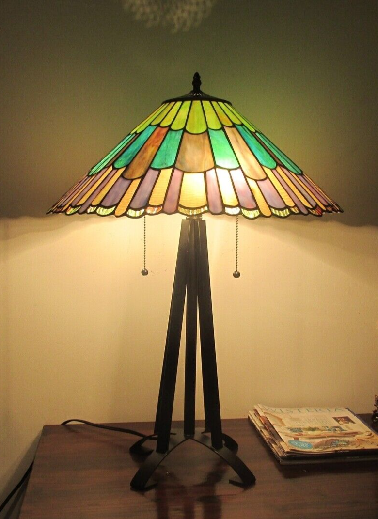26" 3 light Antique Vintage Style Stained Glass Geometric Mission Table Lamp