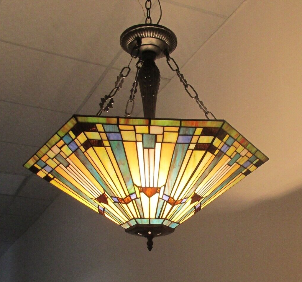 24.4" 3 Light Stained Glass Hanging Inverted Pendant Ceiling Uplight