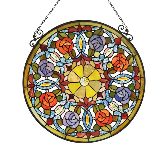 23.4" Round Floral Stained Glass Window Hanging Panel Suncatcher