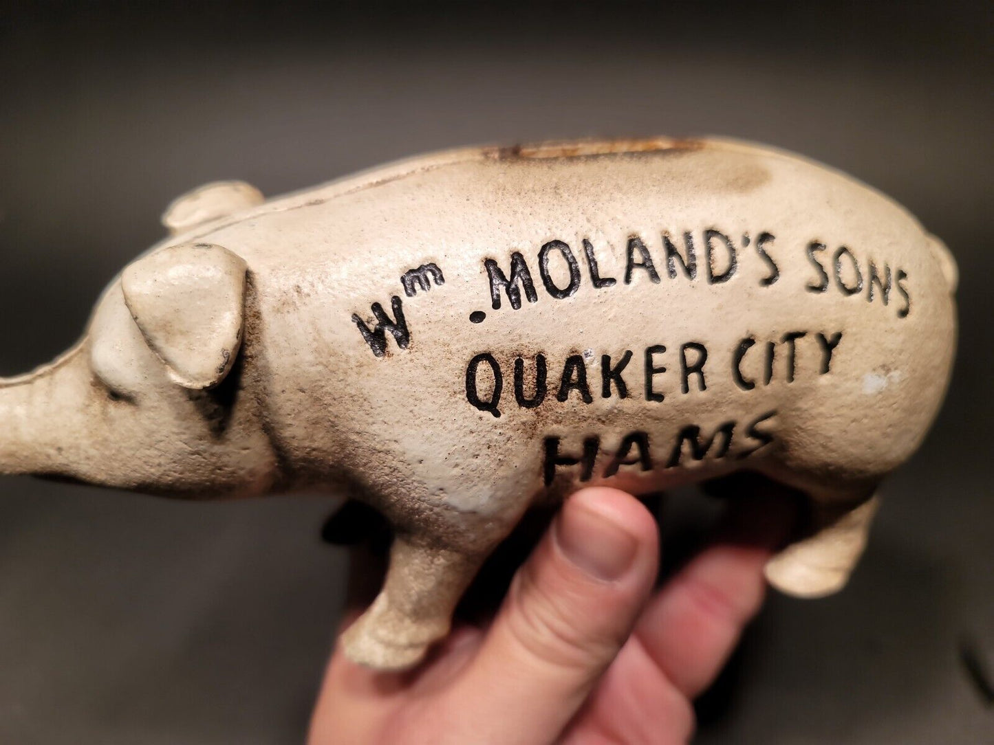 Antique Vintage Style Cast Iron Quaker City Hams Pig Coin Bank