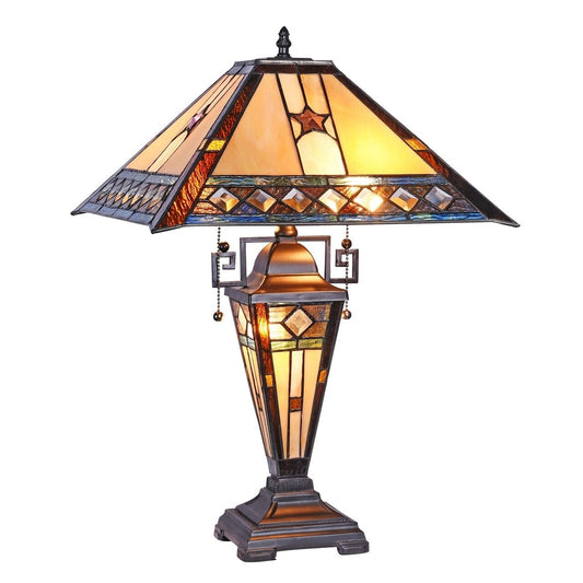 22.2"  3 light Antique Vintage Style Stained Glass Lit Base Mission Table Lamp