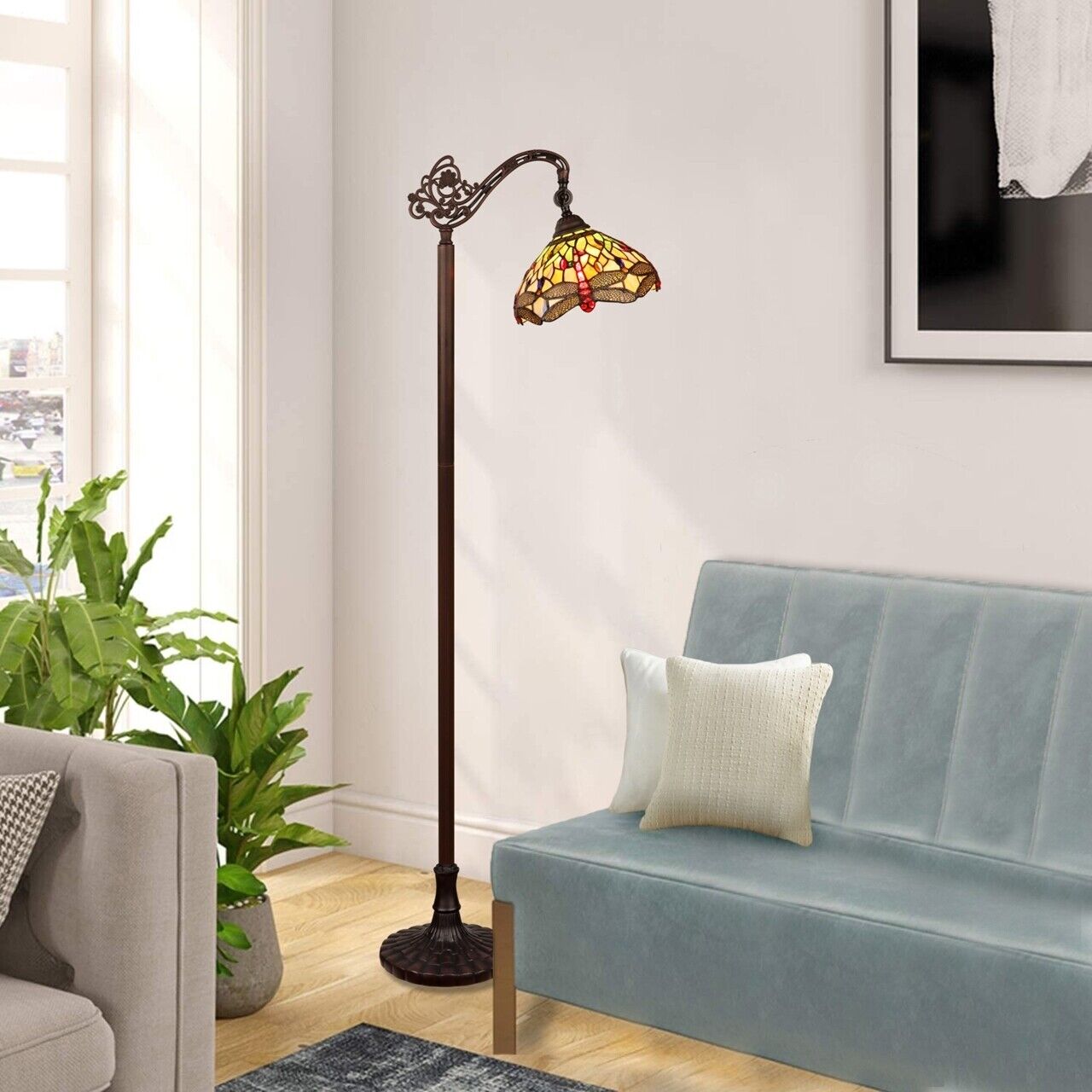 63.2" Antique Vintage Style Stained Glass Dragonfly Reading Floor Lamp