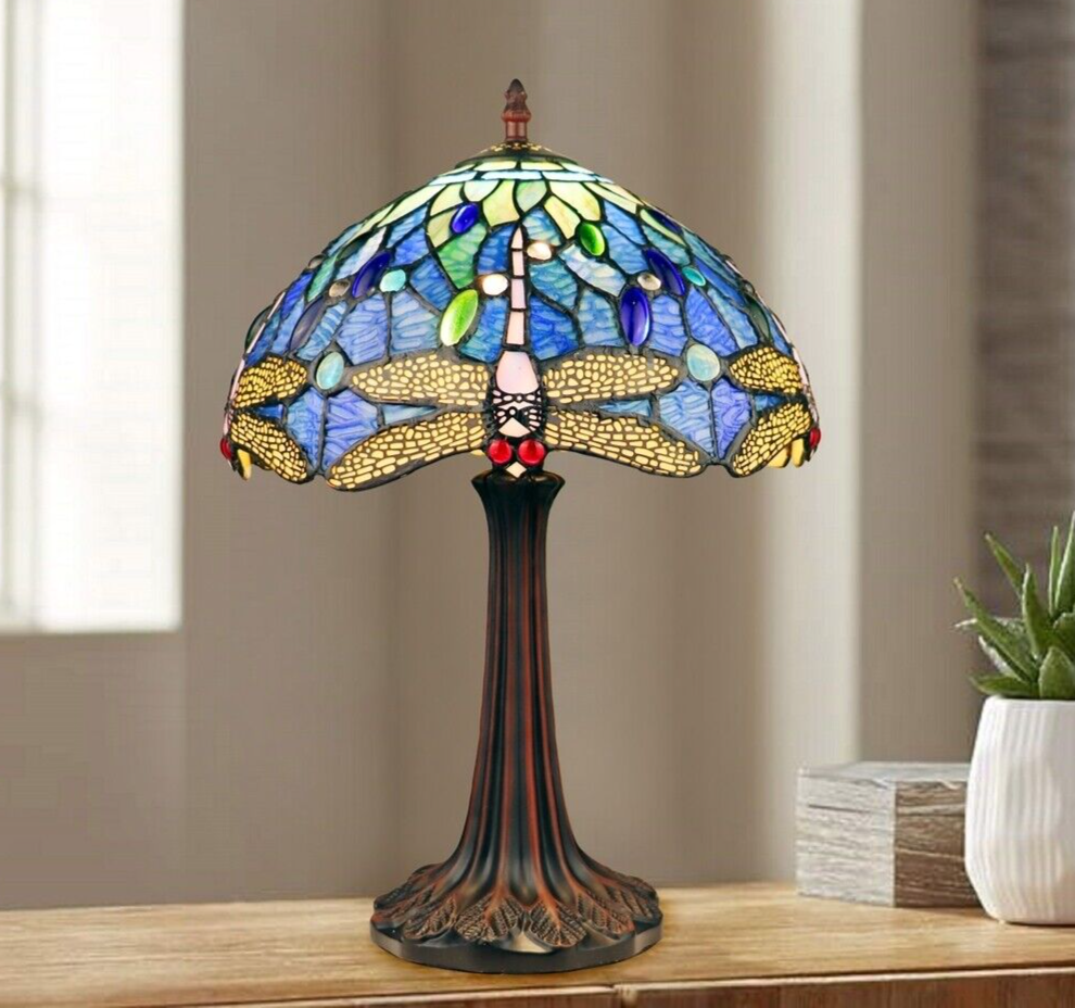 17" 1 light Antique Style Blue Stained Glass Dragonfly Table Lamp