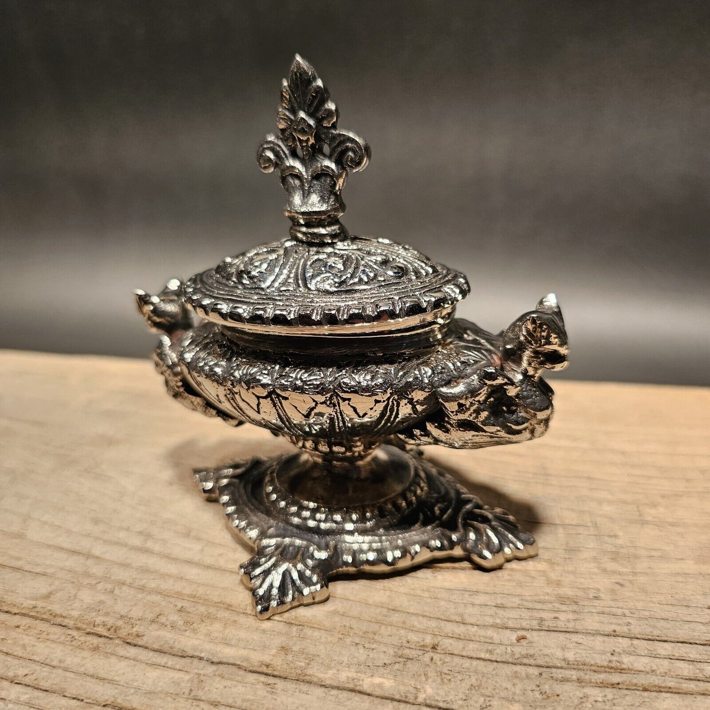 Antique Style Ornate Nickel Plated Brass Inkwell Desk Stand