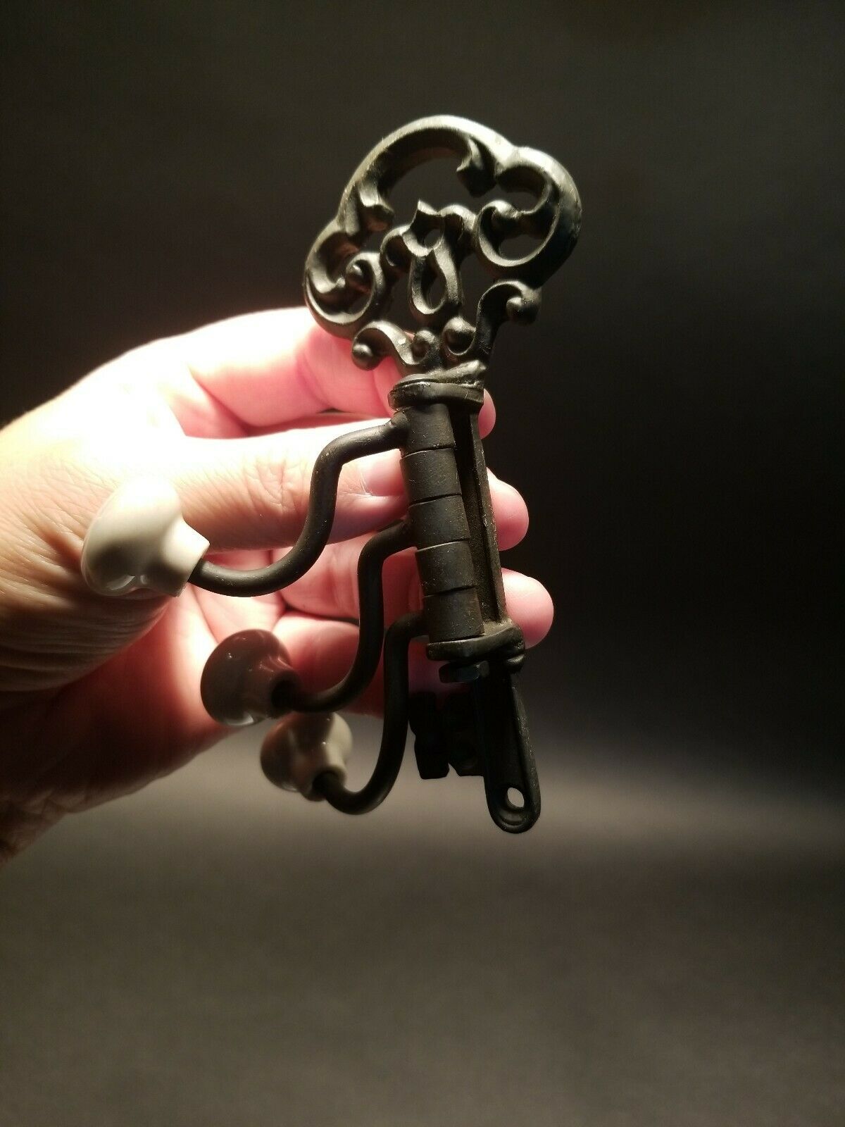 Antique Vintage Style Cast Iron Key Swivel Hook W Porcelain Knobs - Early Home Decor