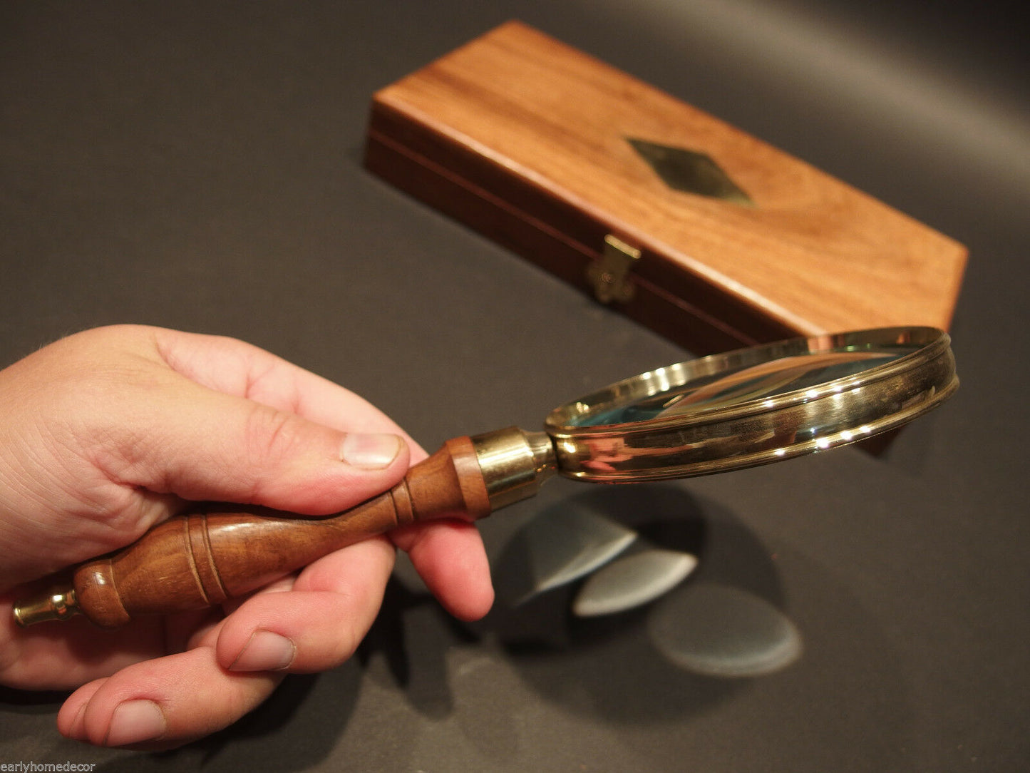 4" 5x Antique Style Magnifying Glass Brass w Wood Turned Hand Lens Desktop Box - Early Home Decor