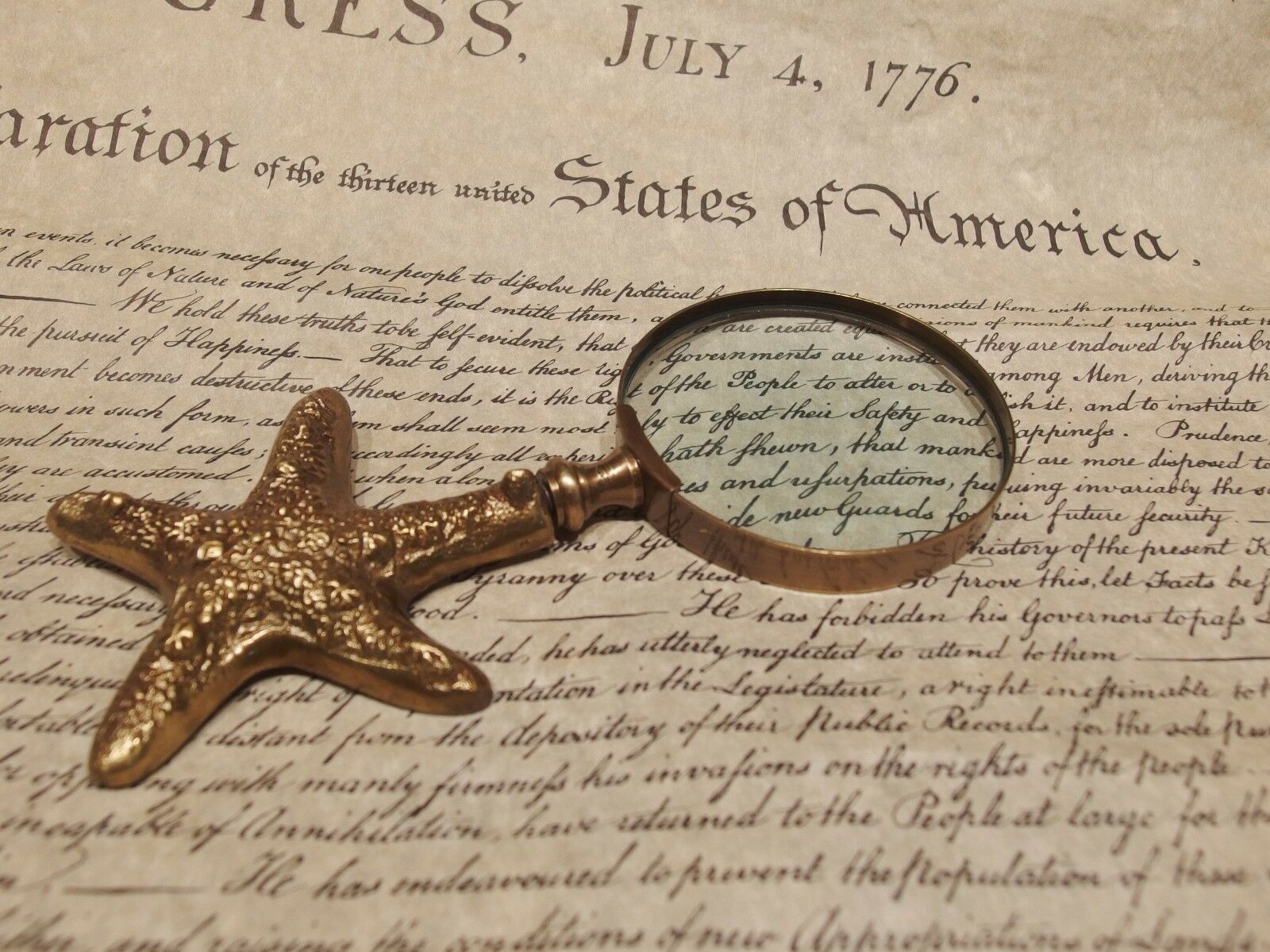 Vintage Antique Style Brass Starfish Magnifying Glass Desk Hand Lens - Early Home Decor