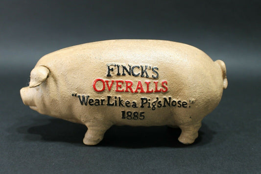 FINCK'S "OVERALLS" 'WEAR LIKE A PIG'S NOSE' 1885 Cast Iron Coin Bank - Early Home Decor