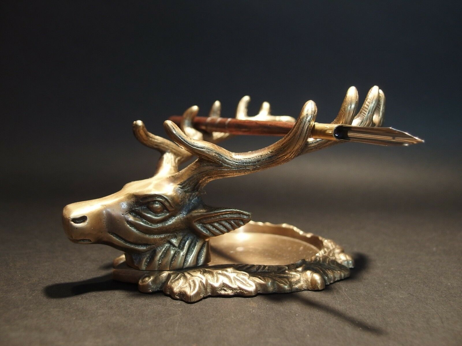 Antique Style Brass Elk Deer Stag Pen Inkwell Holder Desk Stand - Early Home Decor