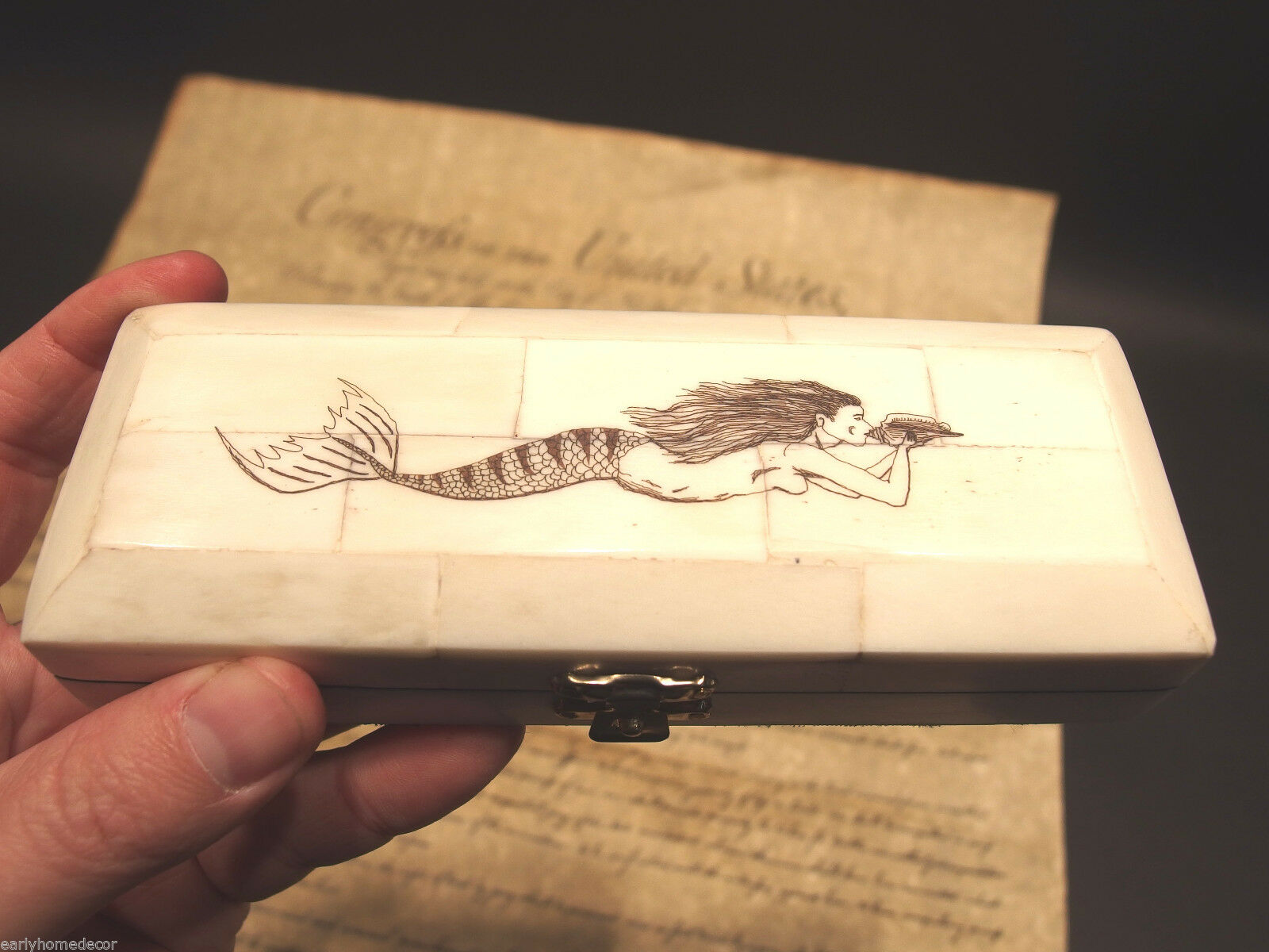 Antique Style Mermaid Scrimshaw Etched Bone & Wood Trinket Stamp Jewelry Box - Early Home Decor
