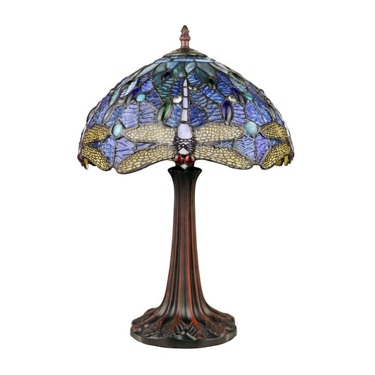 17" 1 light Antique Style Blue Stained Glass Dragonfly Table Lamp