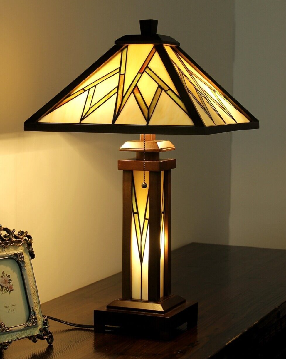 25.6  3 light Antique Vintage Style Stained Glass Wood Mission Table Lamp