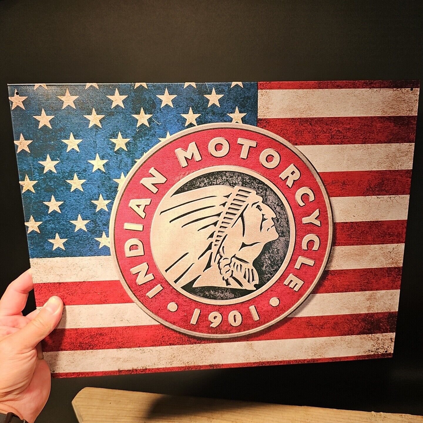 Metal Vintage Style Indian Motorcycle Sign American Flag