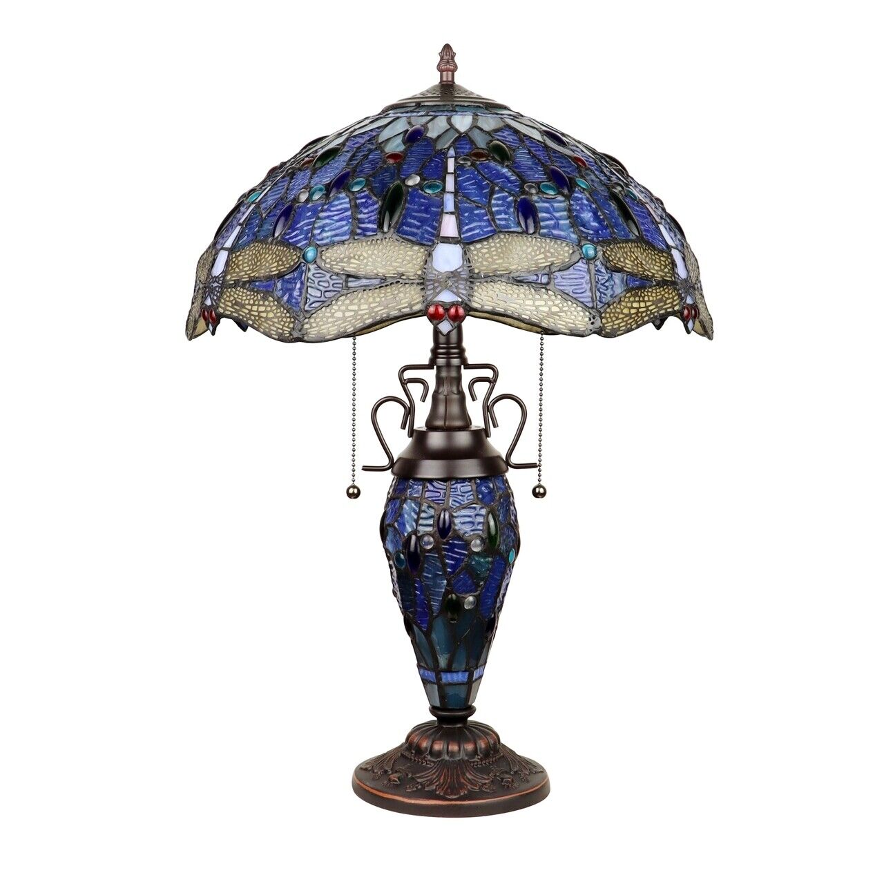 23" Antique Vintage Style Stained Glass Dragonfly Lighted Base Table Lamp