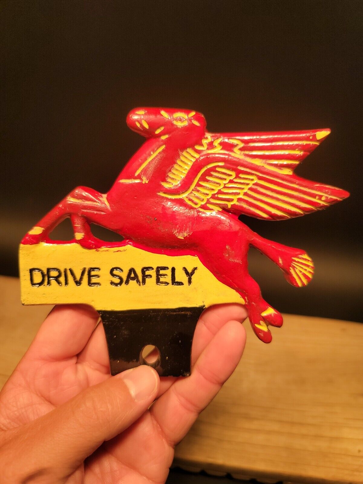 Antique Vintage Style Aluminum Pegasus Drive Safely License Plate Fob Topper
