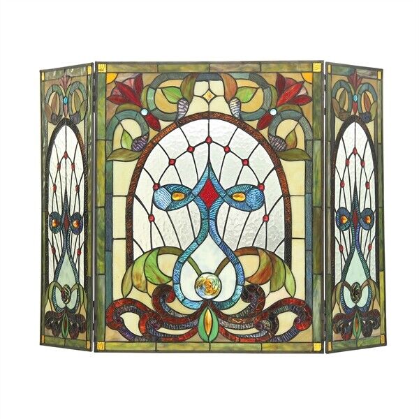 44" Folding Stained Glass Fireplace Screen
