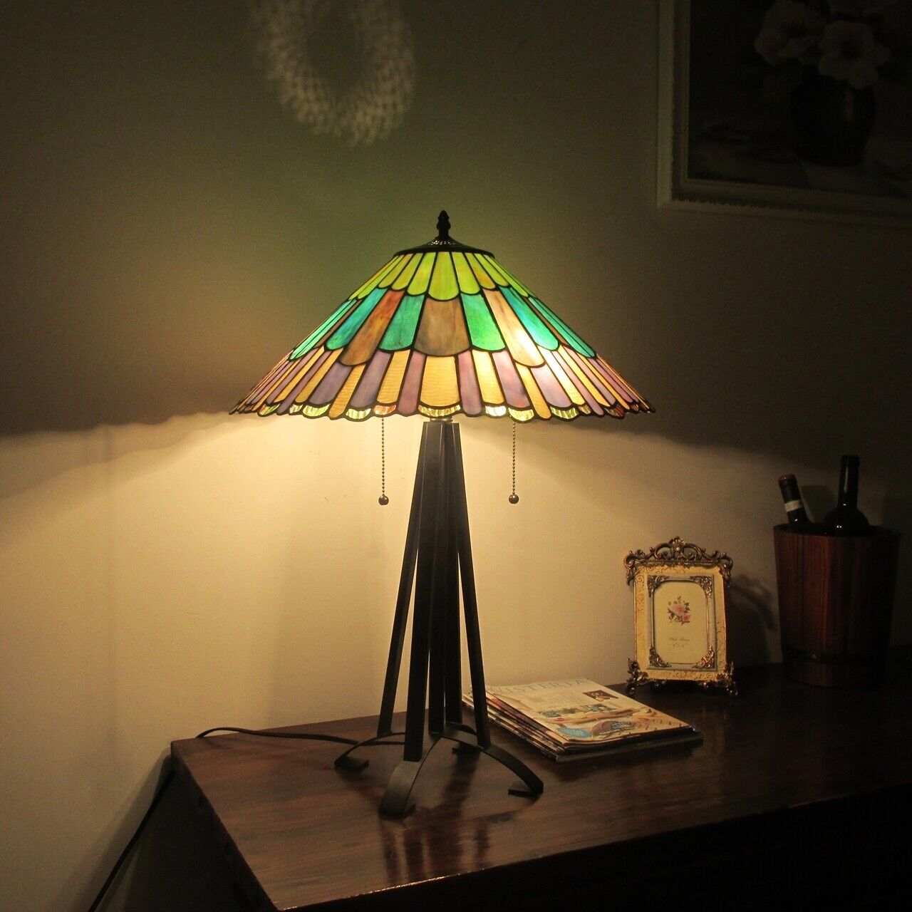 26" 3 light Antique Vintage Style Stained Glass Geometric Mission Table Lamp