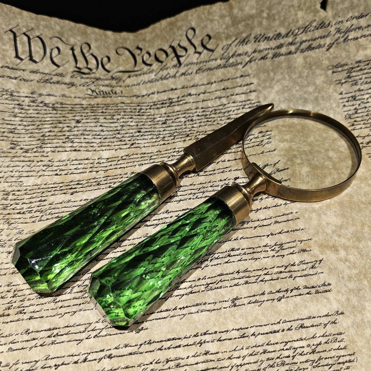 Antique Vintage Style Magnifying Glass Letter Opener Set w Green Glass Handles