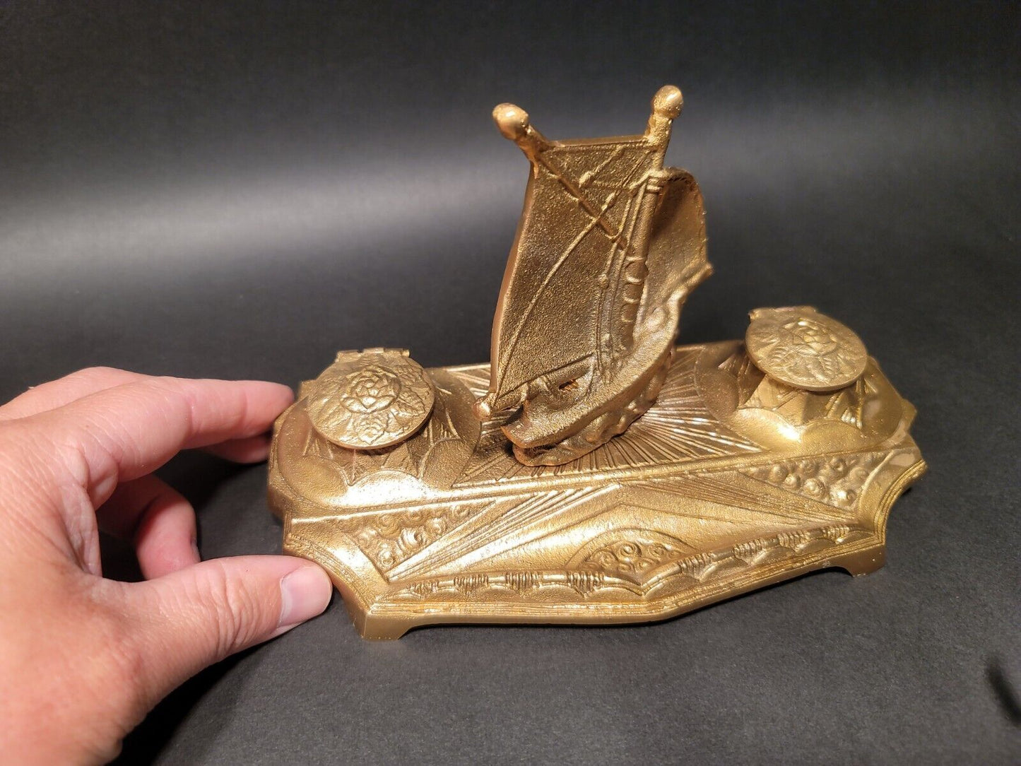 Vintage Antique Style Brass Sailboat Double inkwell Desk Set
