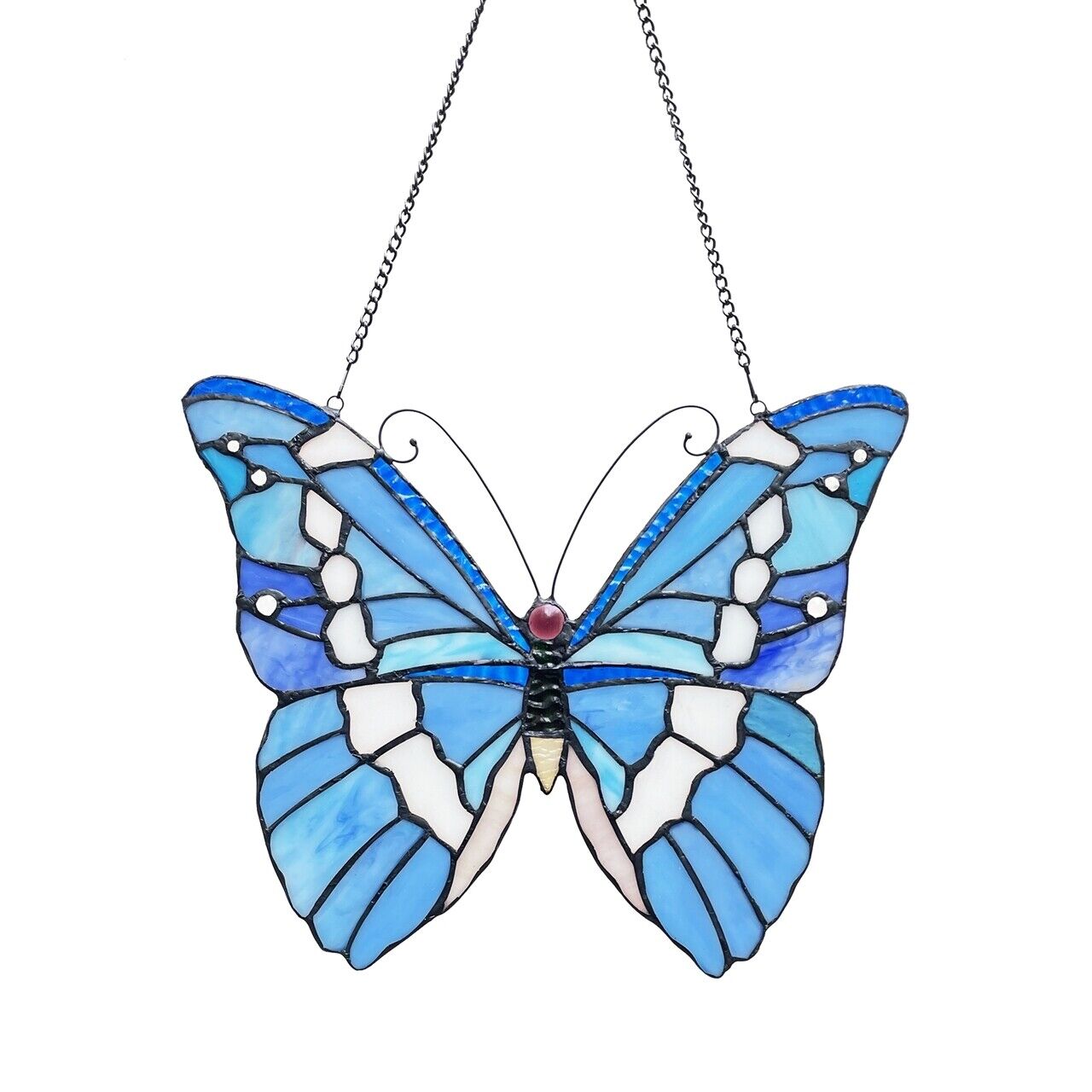 13 1/2" Blue Butterfly Stained Glass Window Hanging Panel Suncatcher