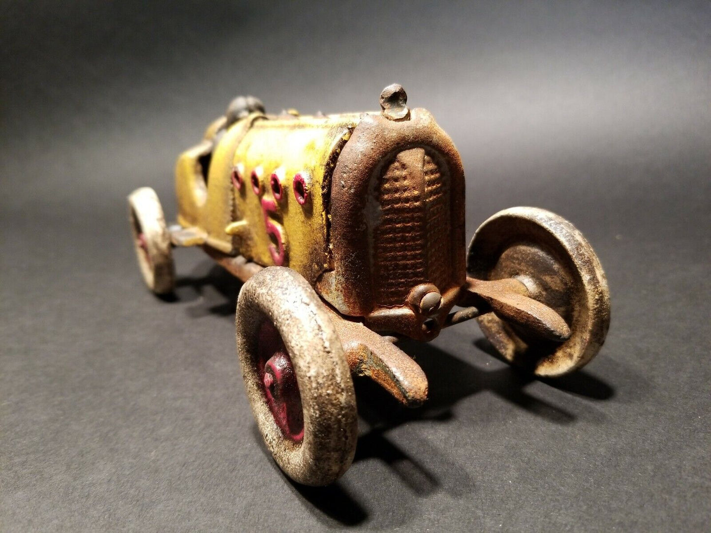 Antique Vintage Style Yellow Cast Iron #5 Toy Race Car w Lifting Hood