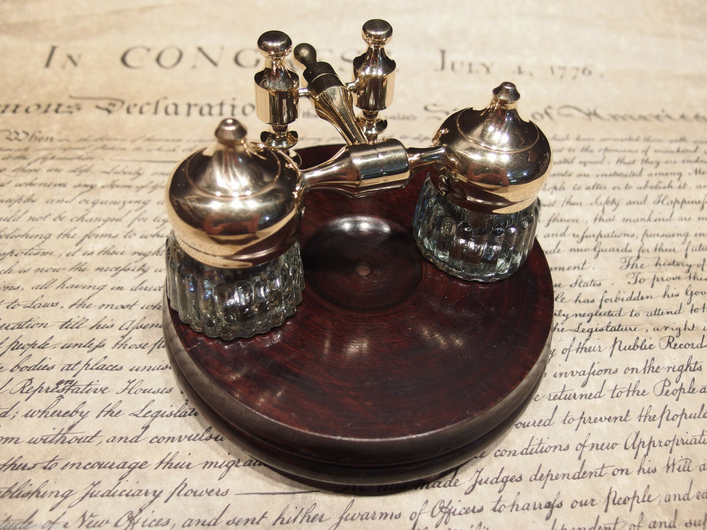 Vintage Antique Style Gold Brass Hardwood w 2 Clear Glass Inkwell bottles pots - Early Home Decor