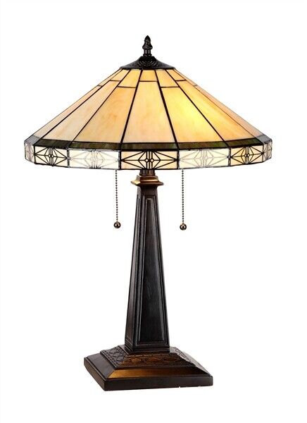 22.6" 2 Light Pull Chain Stained Glass Mission Table Lamp