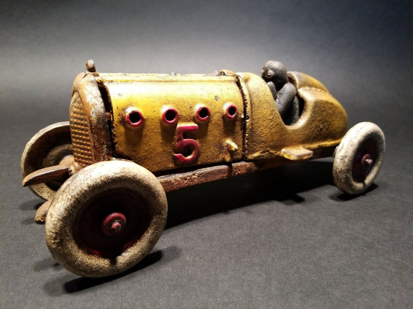 Antique Vintage Style Yellow Cast Iron #5 Toy Race Car w Lifting Hood