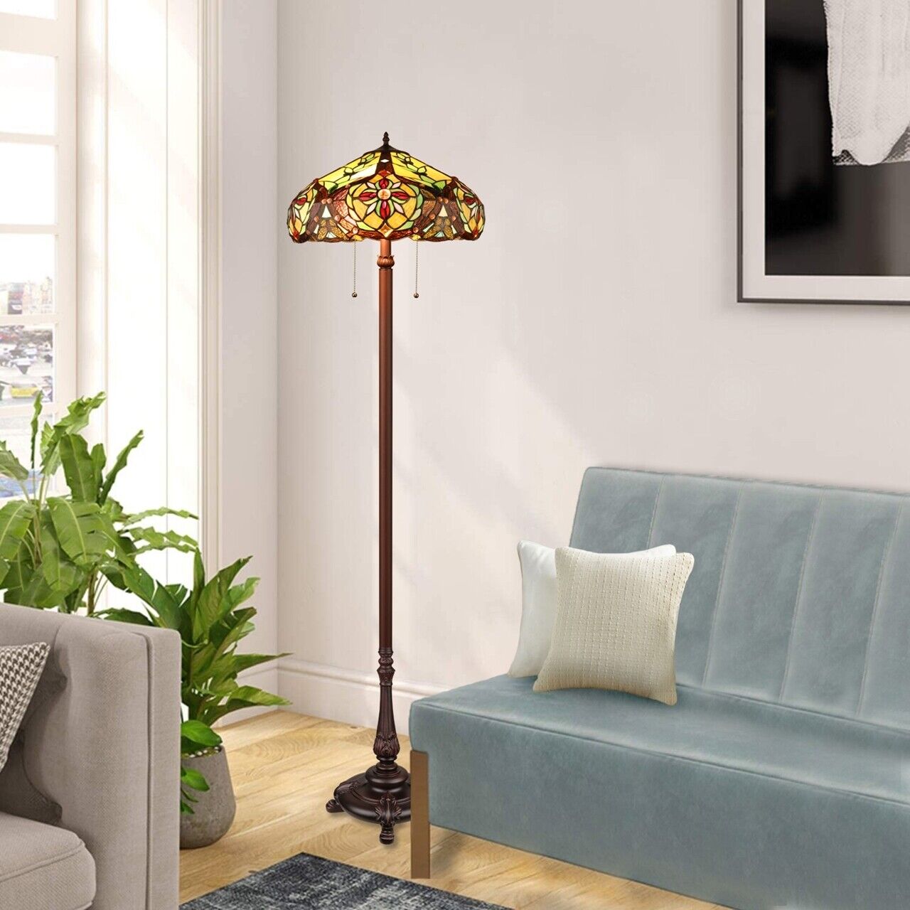 65 1/2" Antique Style Stained Glass 2 light Pull Chain Floor Lamp
