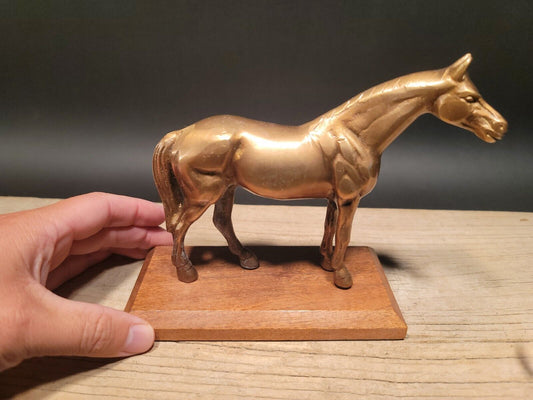 Antique Vintage Style Brass Horse Statue Wood Base