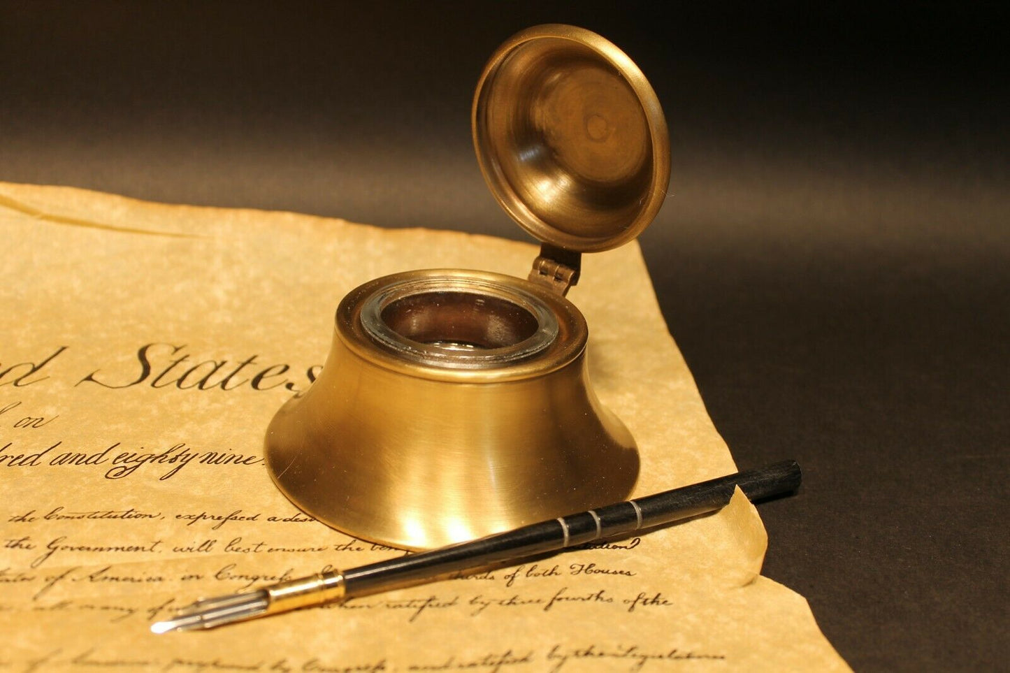 Vintage Antique Style Brass w Glass Inkwell Ink pot Bottle - Early Home Decor