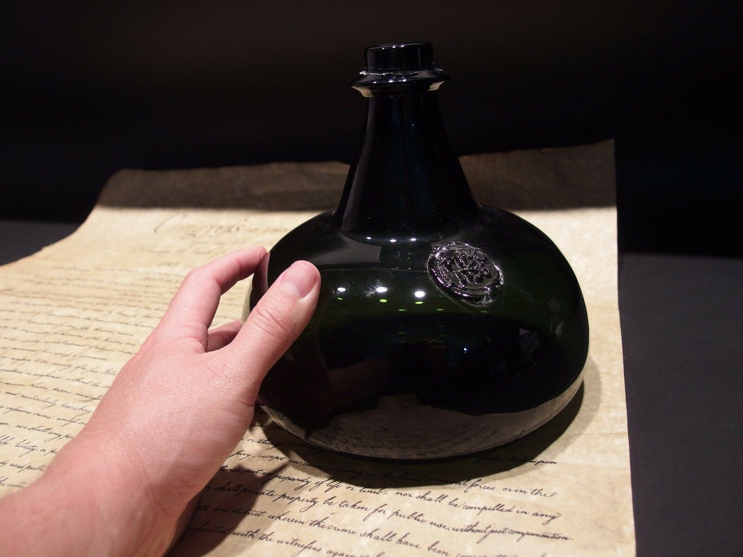 8" Antique Vintage Style Colonial Black Glass Blown Onion Bottle (Green) - Early Home Decor