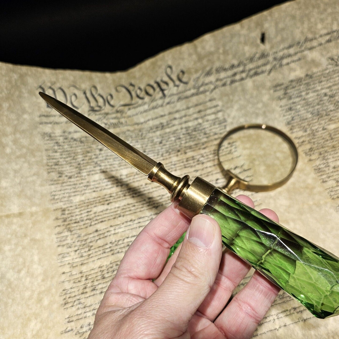 Antique Vintage Style Magnifying Glass Letter Opener Set w Green Glass Handles