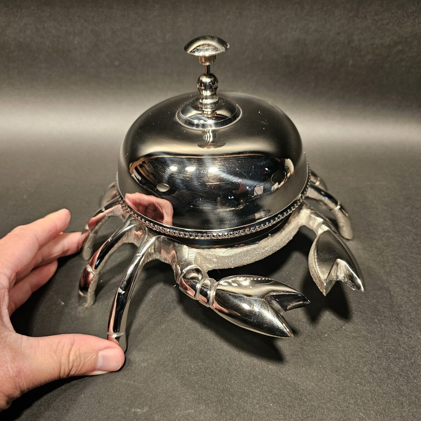 8 1/2" Large Antique Vintage Style Silver Brass Crab Table or Floor Desk Bell