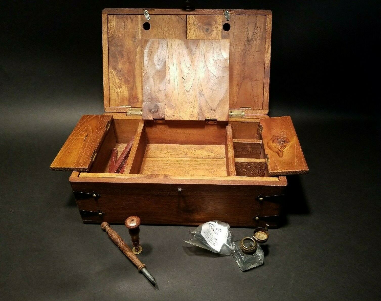 Antique Vintage Style Wood Writing Box Set w Inkwell, Ink, Wax Stamp, & Dip Pen - Early Home Decor