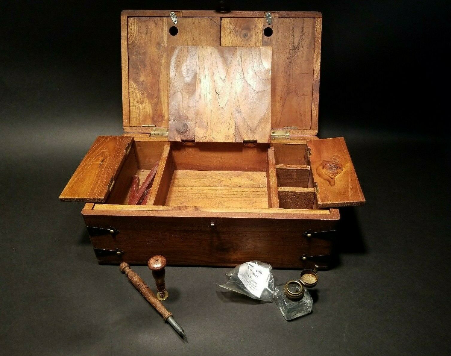 Antique Vintage Style Wood Writing Box Set w Inkwell, Ink, Wax Stamp, & Dip Pen - Early Home Decor